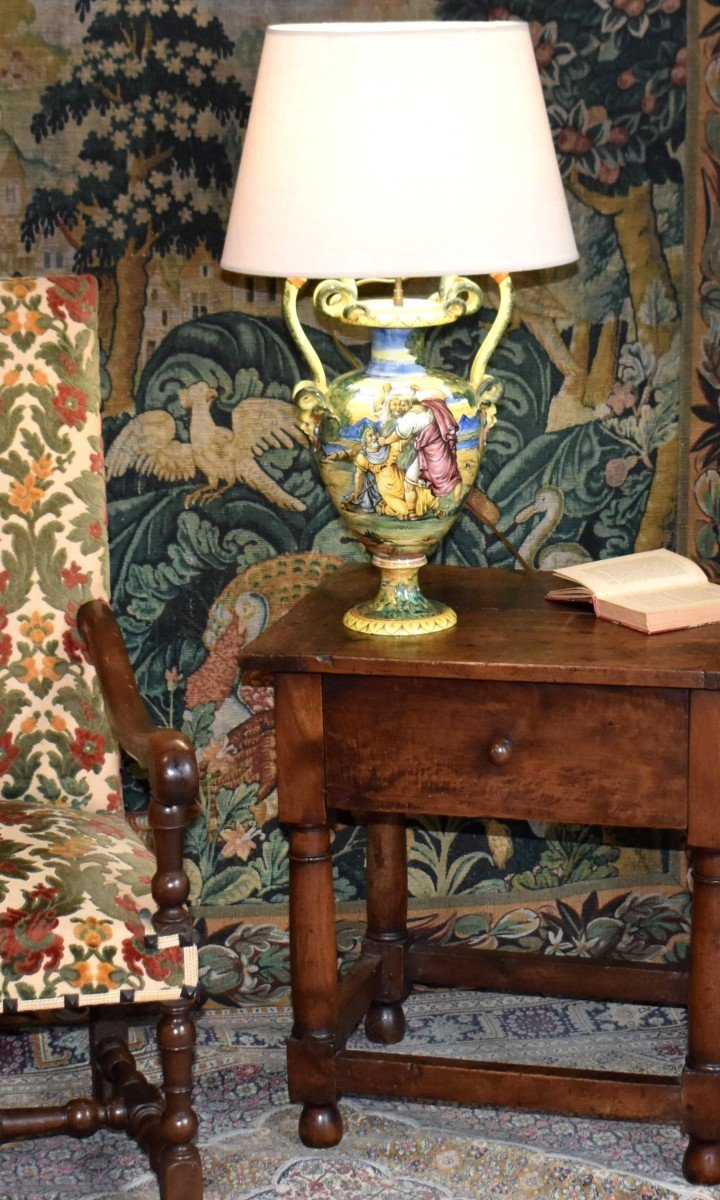 Grande Lampe En Faïence Italienne, Majolique Dans Le Goût d'Urbino, Décor à l'Antique, Fin XIXè-photo-3
