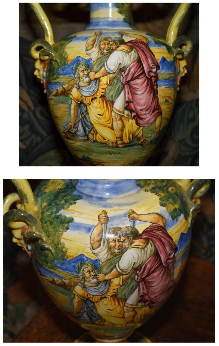 Grande Lampe En Faïence Italienne, Majolique Dans Le Goût d'Urbino, Décor à l'Antique, Fin XIXè-photo-3
