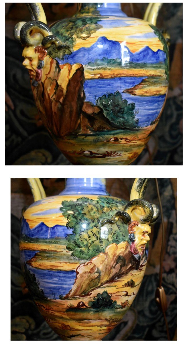 Grande Lampe En Faïence Italienne, Majolique Dans Le Goût d'Urbino, Décor à l'Antique, Fin XIXè-photo-4