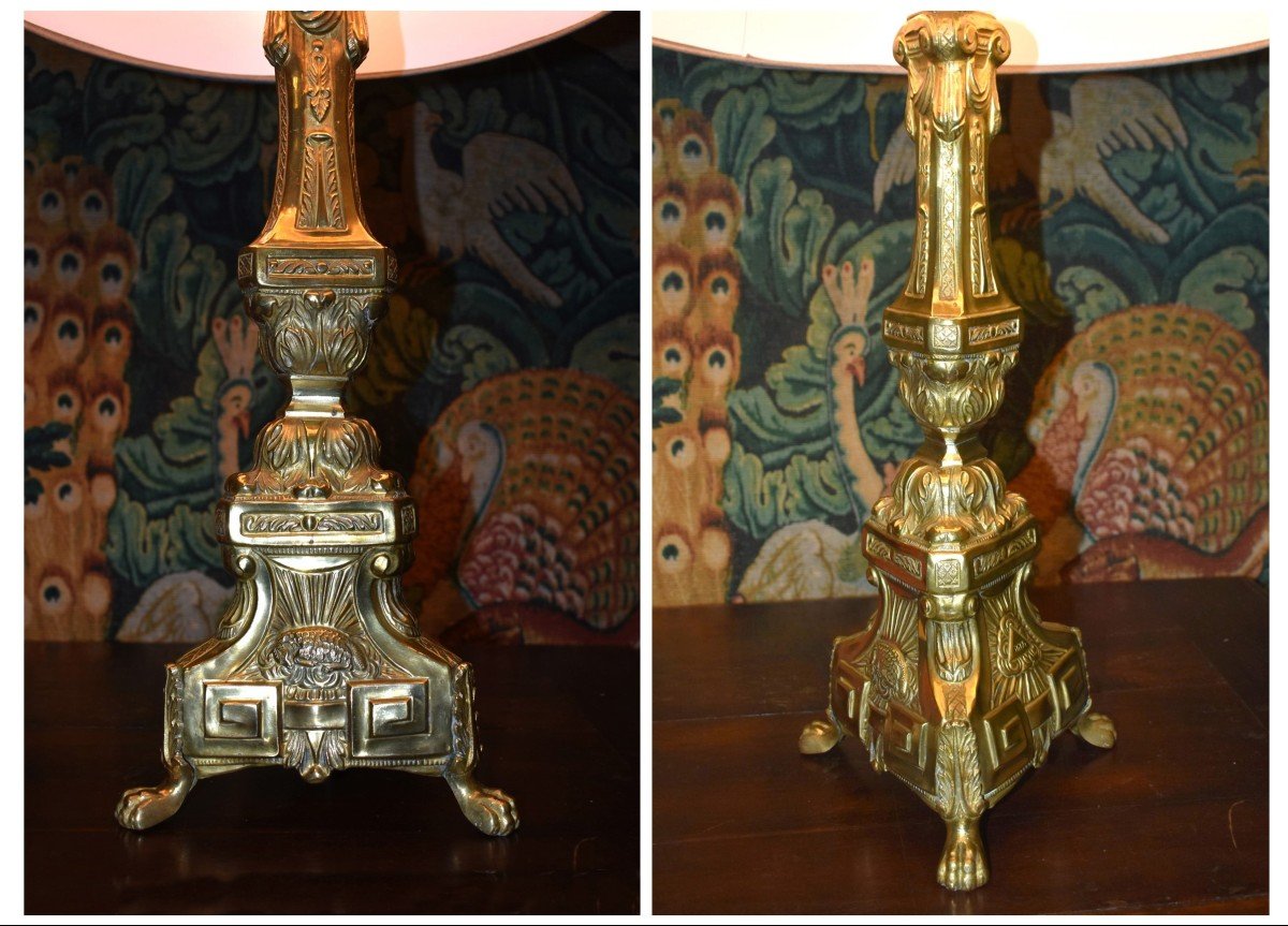 Repoussé Brass Candle Holder Mounted As A Lamp, Liturgical Decorated Base, Recent Lampshade-photo-2