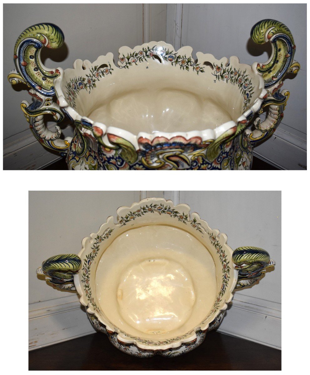 Important Cache Pot En Faïence De Desvres, Coupe à Décor De Rouen, Grand Centre De Table -photo-6