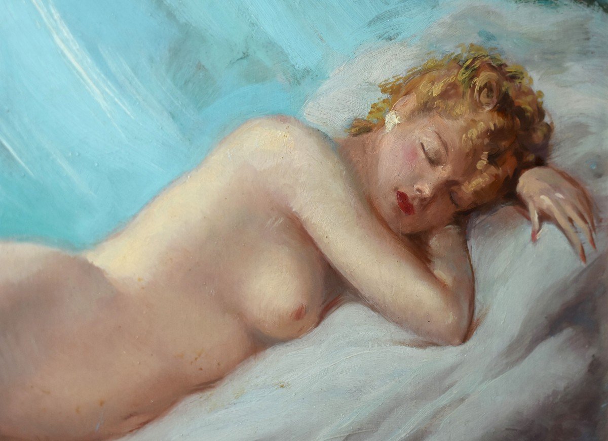 Robert Mahias (1890-1962) Female Nude, Framed Painting, Young Nude Woman, Reclining.            -photo-2