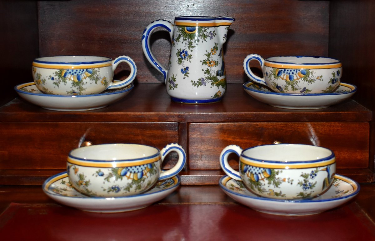 4 Person Coffee Service In Earthenware A. Renoleau Angoulème Decorated With Fantastic Birds -photo-2
