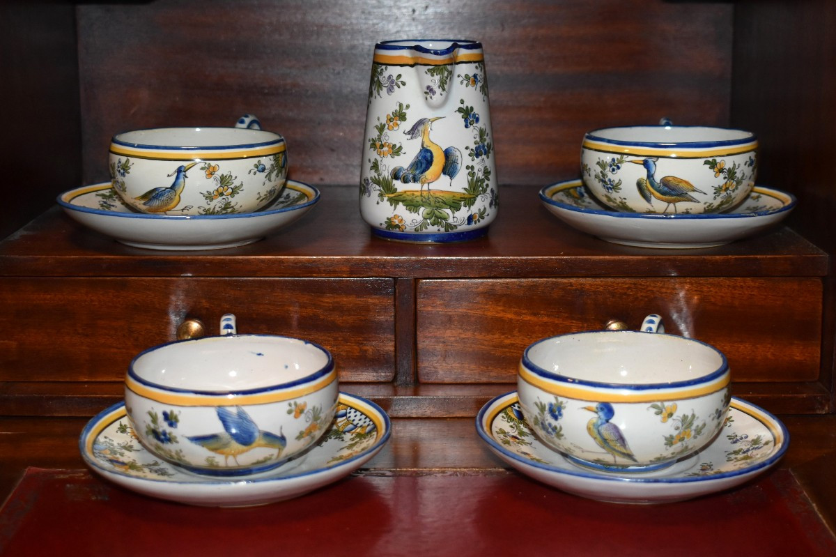 4 Person Coffee Service In Earthenware A. Renoleau Angoulème Decorated With Fantastic Birds 