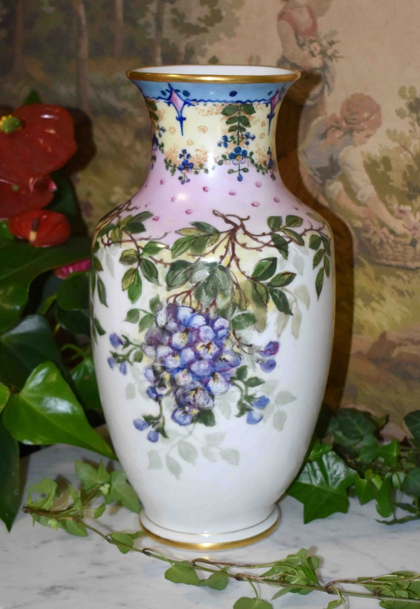 L. Thomas. Dated 1931, Large Hand-painted Limoges Porcelain Vase With Floral Decor,     -photo-3
