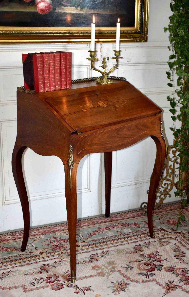 Bureau De Pente, Dos d'âne , Secrétaire De Dame à Décor Floral En Marqueterie, Style Louis XV. -photo-2