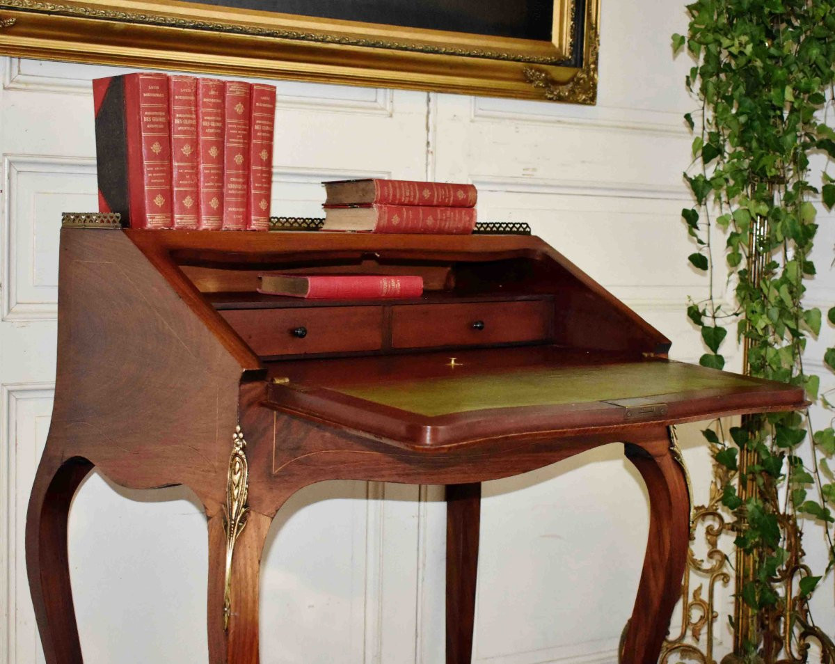 Bureau De Pente, Dos d'âne , Secrétaire De Dame à Décor Floral En Marqueterie, Style Louis XV. -photo-1