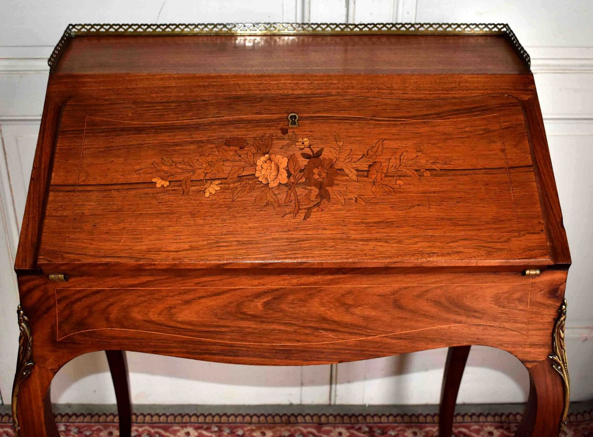 Bureau De Pente, Dos d'âne , Secrétaire De Dame à Décor Floral En Marqueterie, Style Louis XV. -photo-2