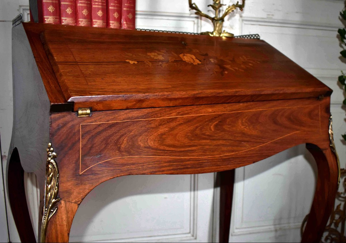 Bureau De Pente, Dos d'âne , Secrétaire De Dame à Décor Floral En Marqueterie, Style Louis XV. -photo-3