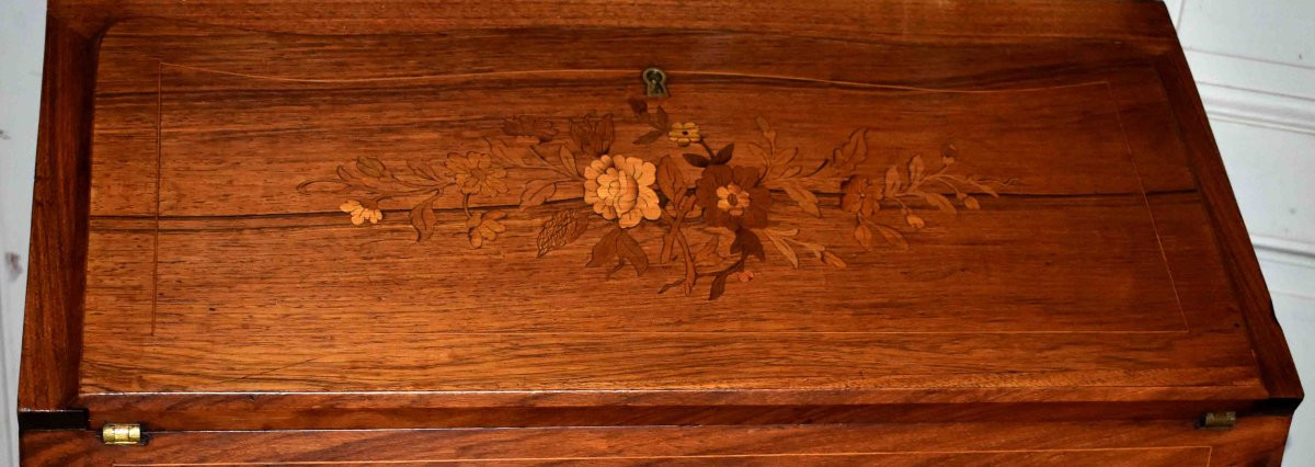 Bureau De Pente, Dos d'âne , Secrétaire De Dame à Décor Floral En Marqueterie, Style Louis XV. -photo-4