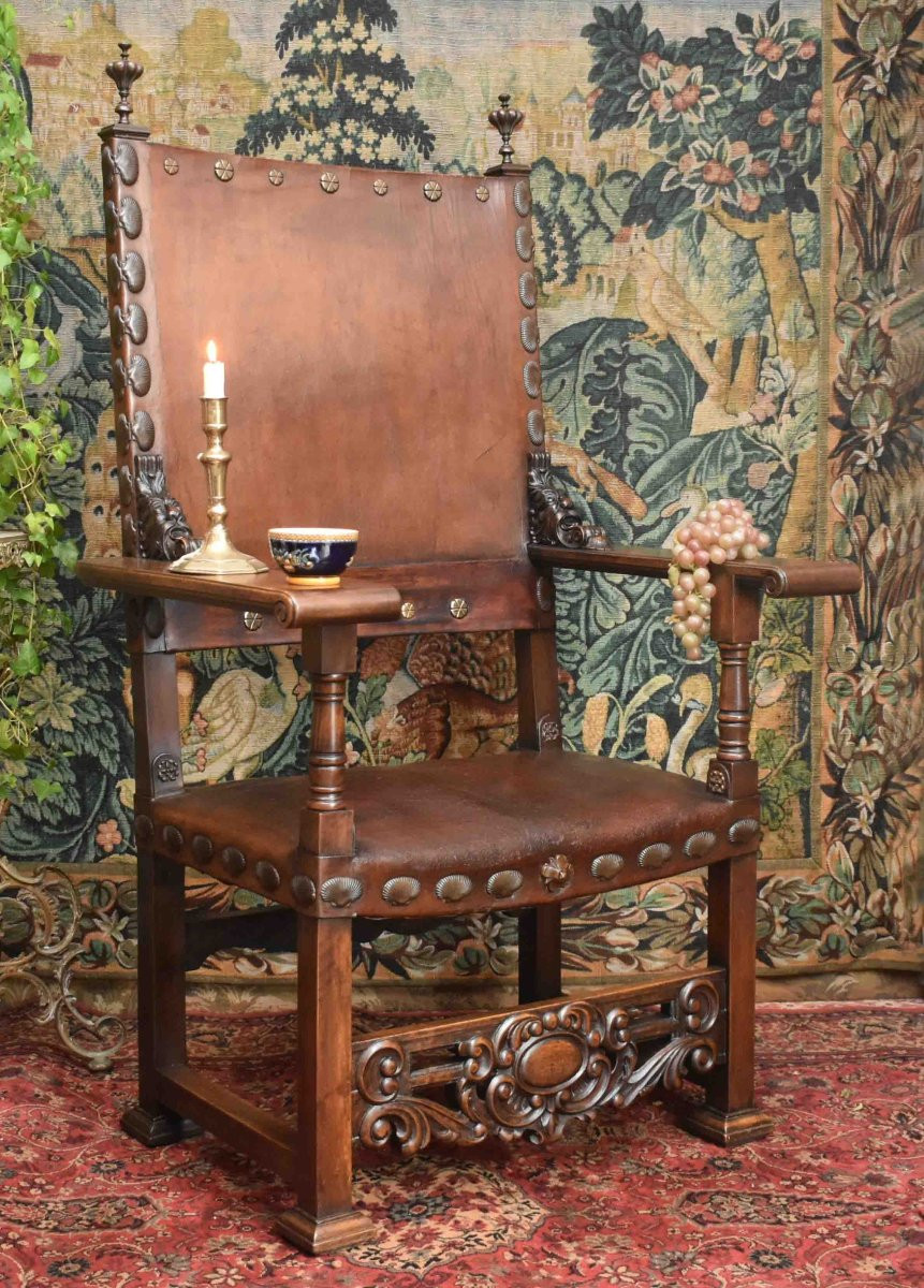 Important Fauteuil d'Apparat De Style  Renaissance Louis XIII , Assise Et Dossier Cuir , XIXe  -photo-2