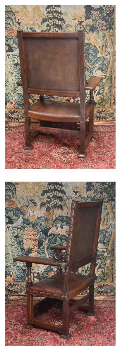 Important Fauteuil d'Apparat De Style  Renaissance Louis XIII , Assise Et Dossier Cuir , XIXe  -photo-1