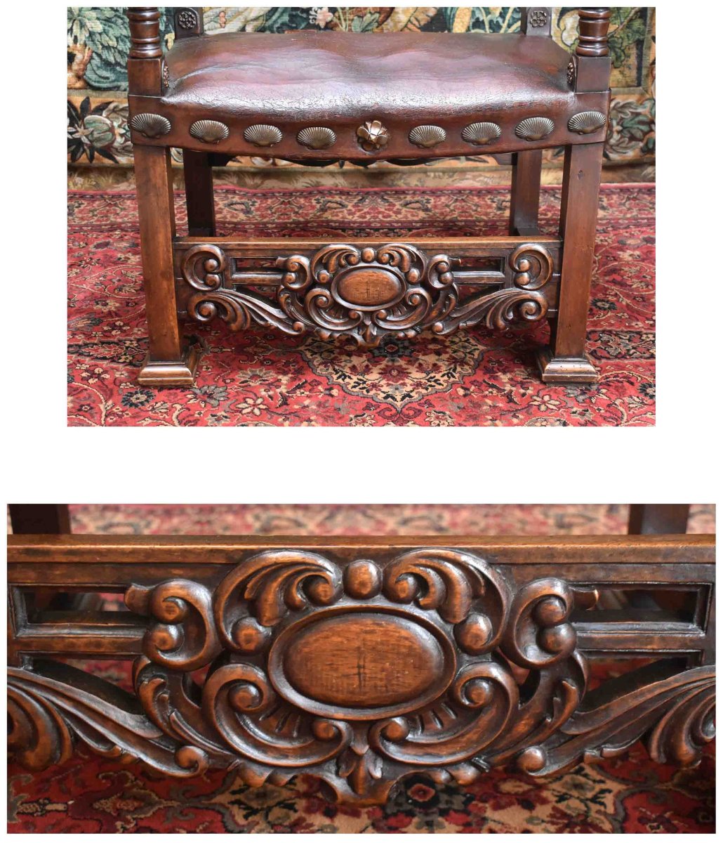 Important Fauteuil d'Apparat De Style  Renaissance Louis XIII , Assise Et Dossier Cuir , XIXe  -photo-2
