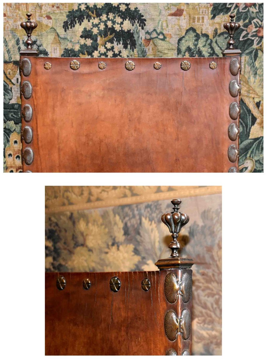 Important Fauteuil d'Apparat De Style  Renaissance Louis XIII , Assise Et Dossier Cuir , XIXe  -photo-3