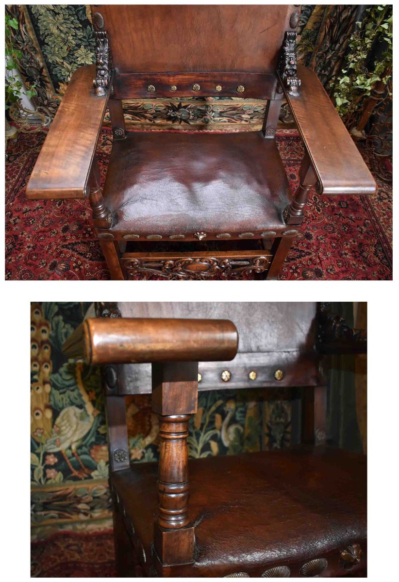 Important Fauteuil d'Apparat De Style  Renaissance Louis XIII , Assise Et Dossier Cuir , XIXe  -photo-5
