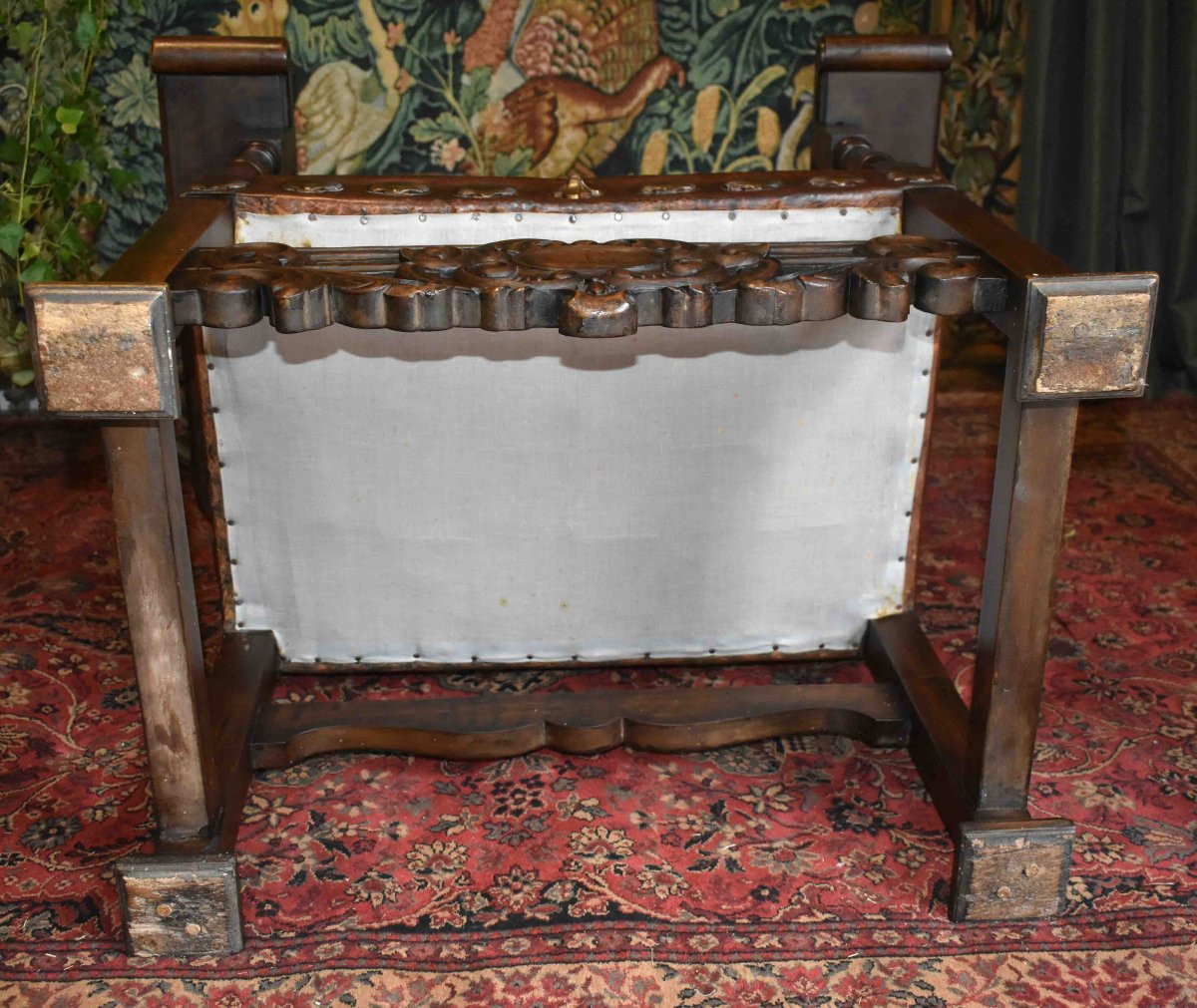 Important Fauteuil d'Apparat De Style  Renaissance Louis XIII , Assise Et Dossier Cuir , XIXe  -photo-8