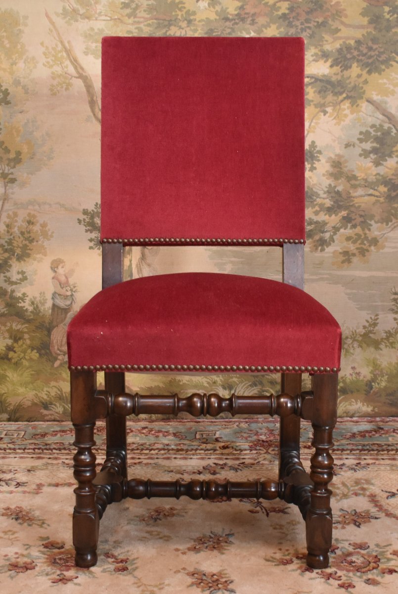 Paire De Chaises De Style Louis XIII  ,  Pieds Balustre,  Dossier Haut, Tissu En Velours Rouge-photo-3