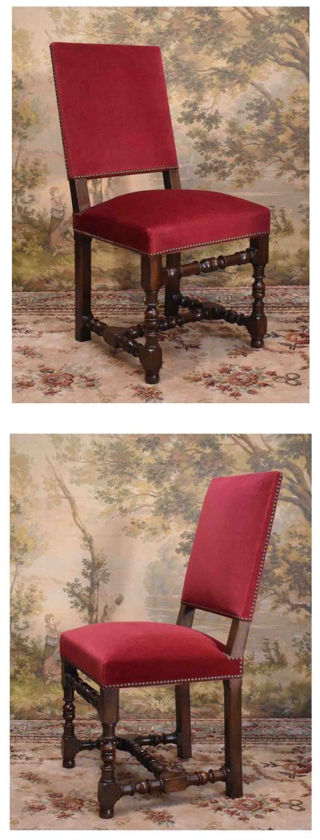 Paire De Chaises De Style Louis XIII  ,  Pieds Balustre,  Dossier Haut, Tissu En Velours Rouge-photo-4