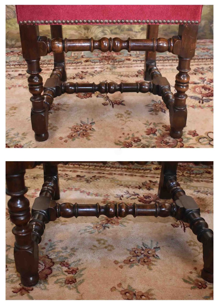 Paire De Chaises De Style Louis XIII  ,  Pieds Balustre,  Dossier Haut, Tissu En Velours Rouge-photo-6