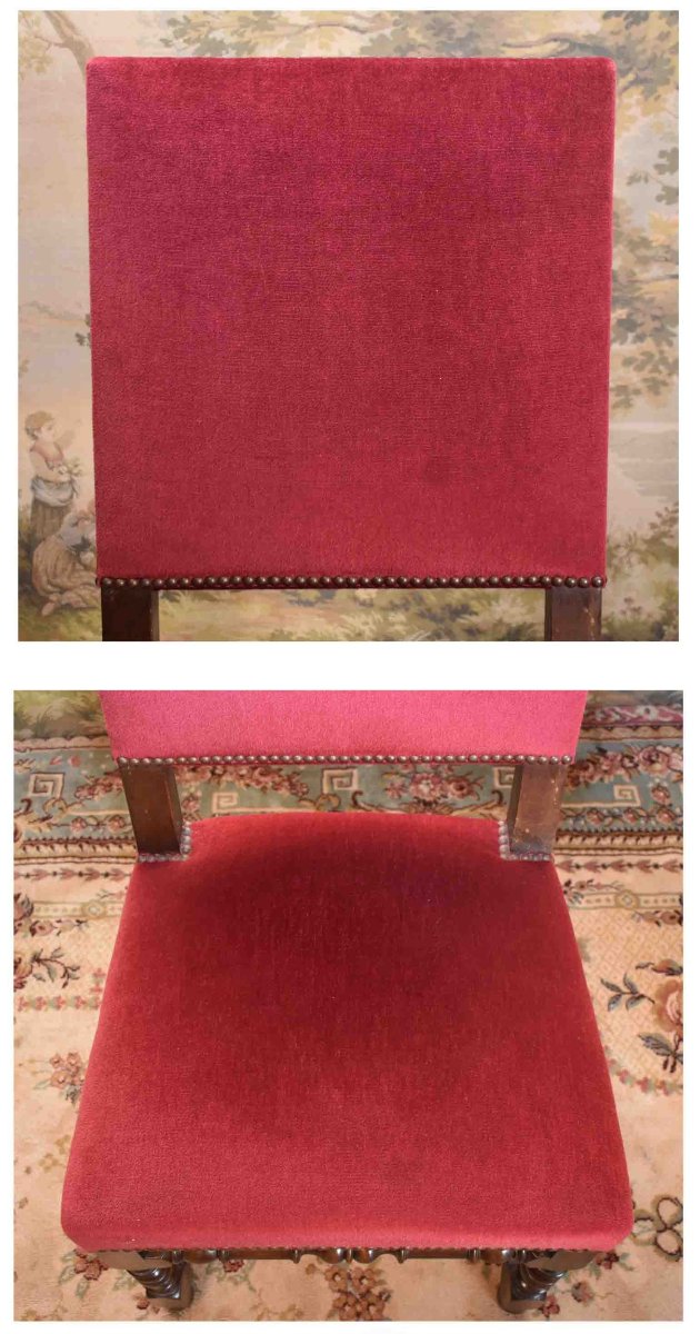 Paire De Chaises De Style Louis XIII  ,  Pieds Balustre,  Dossier Haut, Tissu En Velours Rouge-photo-7