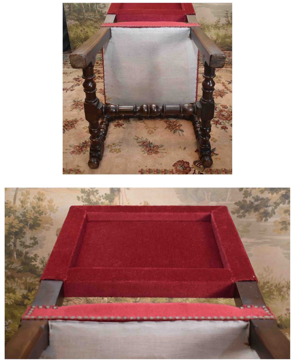 Paire De Chaises De Style Louis XIII  ,  Pieds Balustre,  Dossier Haut, Tissu En Velours Rouge-photo-8