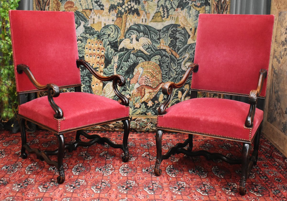 Pair Of Large Louis XIII - Louis XIV Style Armchairs With High, Flat Backs, 19th Century, Walnut-photo-2