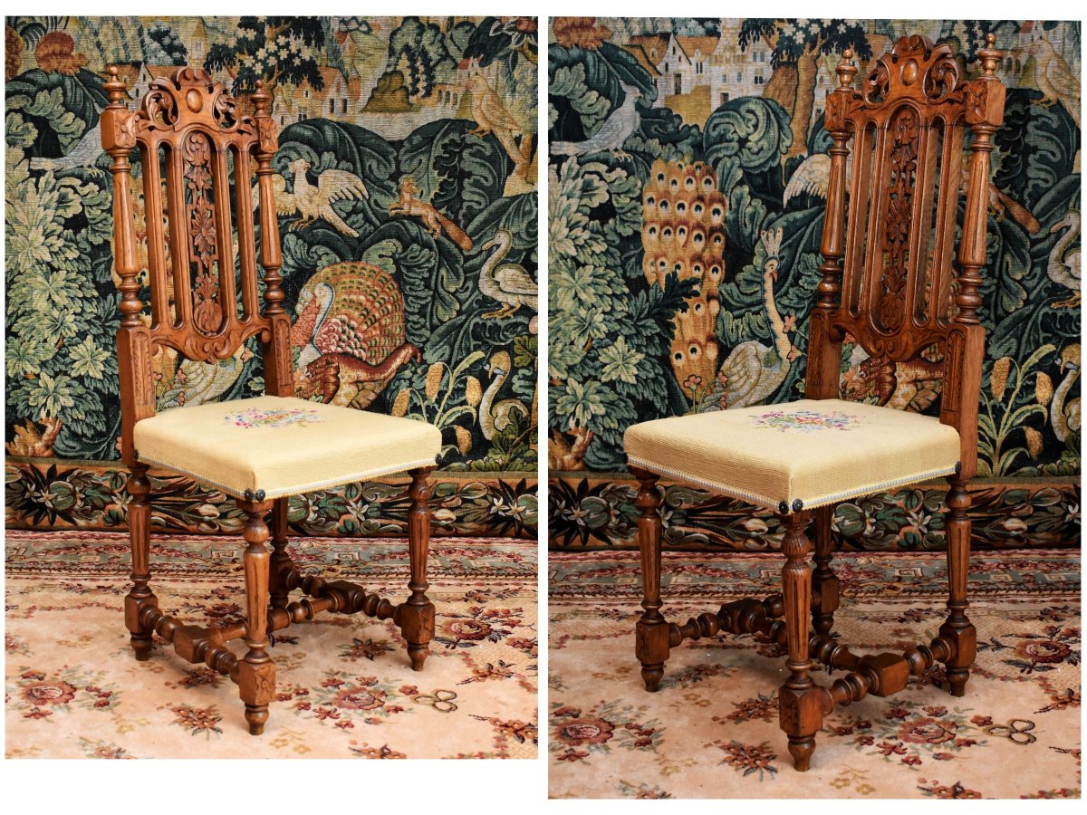 Paire De Chaises De Style Renaissance - Henri II En Chêne Massif Et Tissu Aux Petits Points.   -photo-4