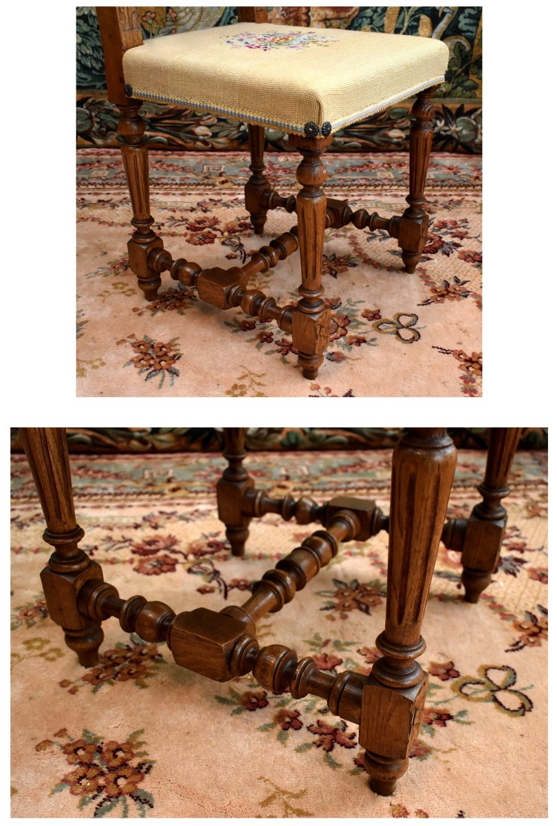 Paire De Chaises De Style Renaissance - Henri II En Chêne Massif Et Tissu Aux Petits Points.   -photo-6