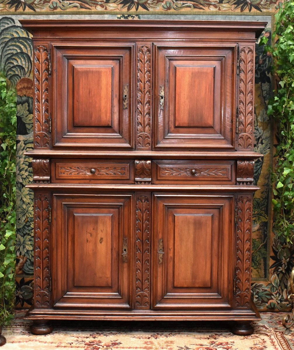 17th Century Buffet With 4 Doors In Solid Walnut, Renaissance - Louis XIII Period, 4 Door Wardrobe -photo-2