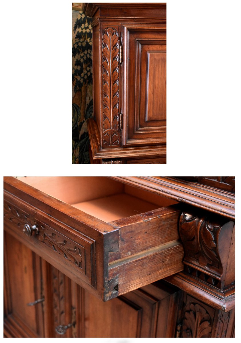 17th Century Buffet With 4 Doors In Solid Walnut, Renaissance - Louis XIII Period, 4 Door Wardrobe -photo-5