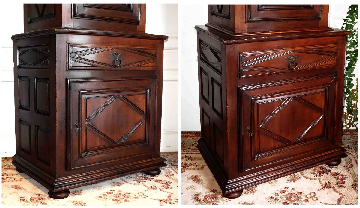 Louis XIII Standing Man In Walnut, Cabinet With Two Superimposed Parts, Diminutive 2-part Sideboard-photo-4