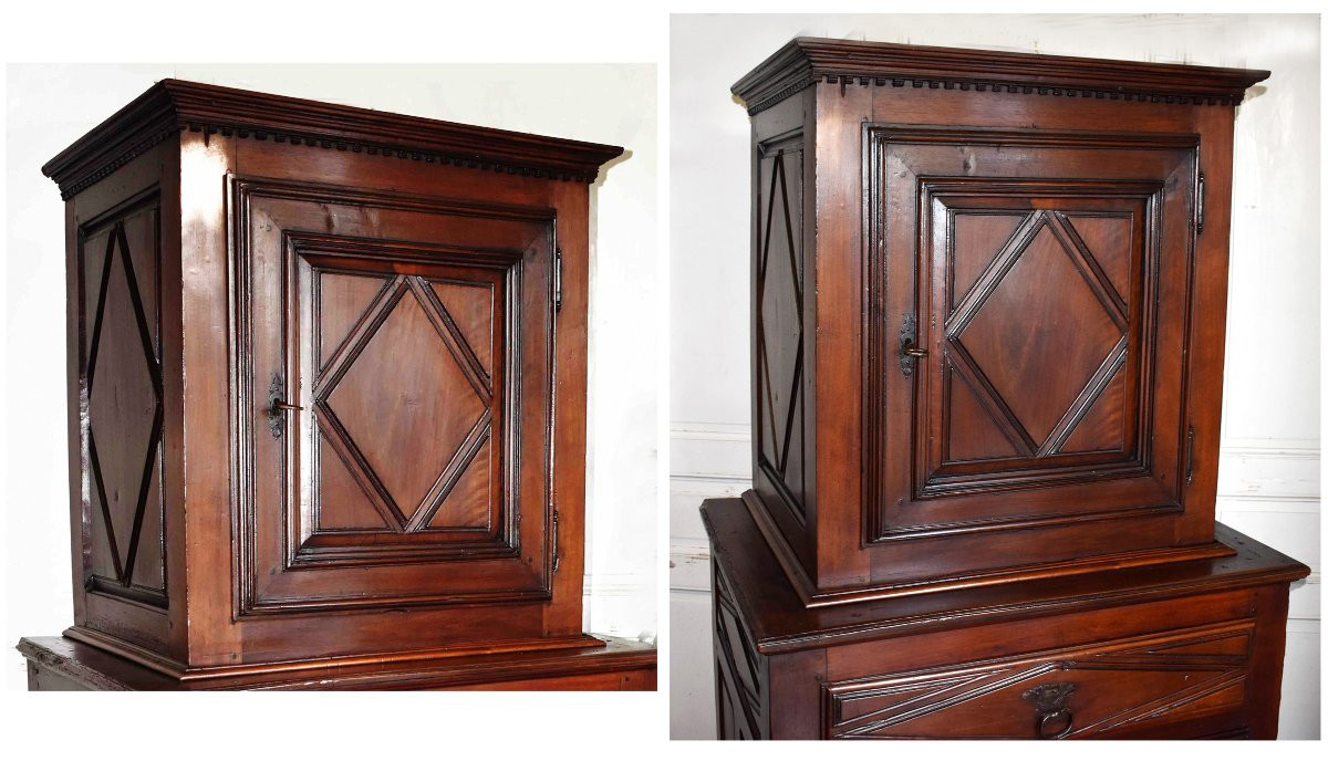 Louis XIII Standing Man In Walnut, Cabinet With Two Superimposed Parts, Diminutive 2-part Sideboard-photo-1