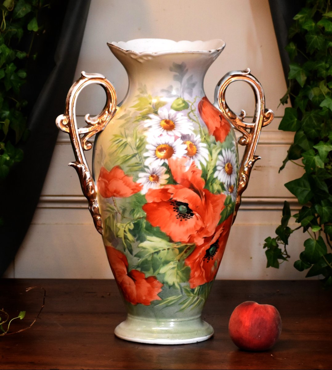 Grand Vase En Porcelaine De Limoges,  Décor Aux Coquelicots Et Marguerites, Peint Main, XIXème -photo-3