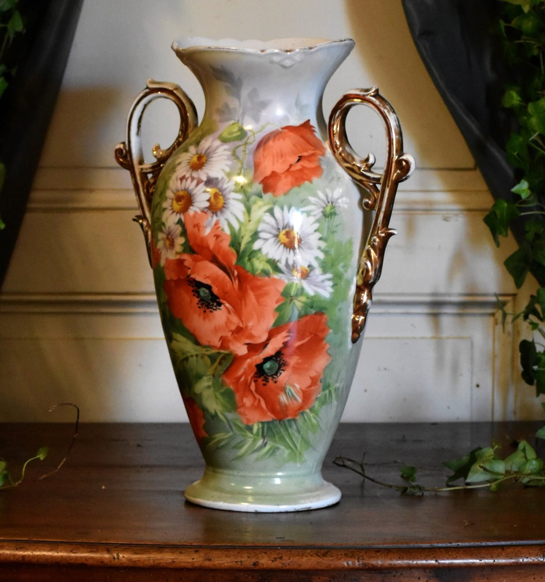 Grand Vase En Porcelaine De Limoges,  Décor Aux Coquelicots Et Marguerites, Peint Main, XIXème -photo-4