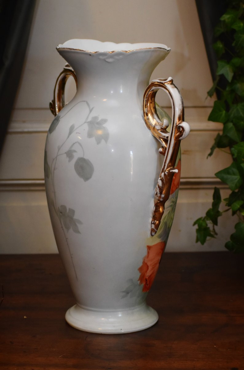 Grand Vase En Porcelaine De Limoges,  Décor Aux Coquelicots Et Marguerites, Peint Main, XIXème -photo-3