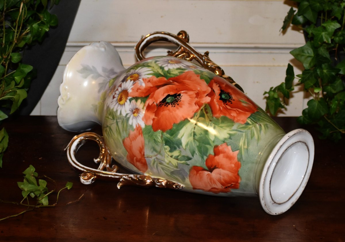 Grand Vase En Porcelaine De Limoges,  Décor Aux Coquelicots Et Marguerites, Peint Main, XIXème -photo-5