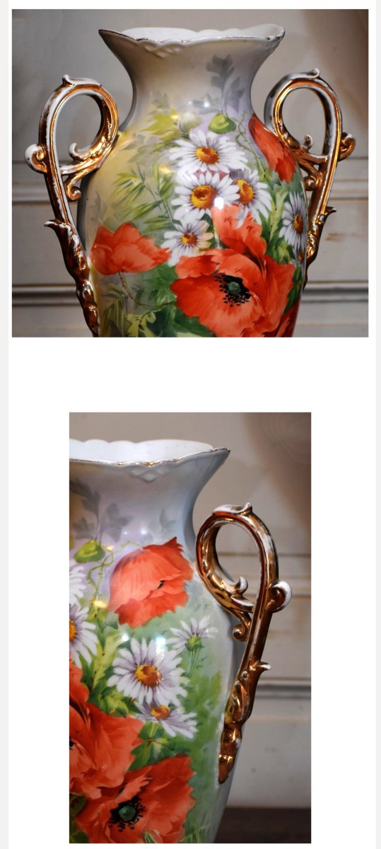 Grand Vase En Porcelaine De Limoges,  Décor Aux Coquelicots Et Marguerites, Peint Main, XIXème -photo-7