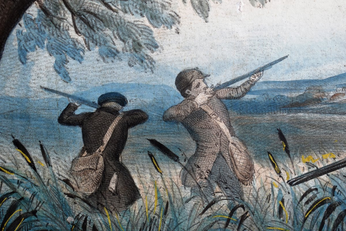 Importante gravure Napoléon III réhaussée en couleur à la main , scène de chasse , XIXe siècle-photo-3