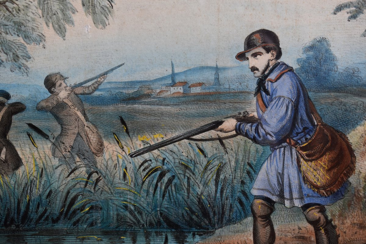Importante gravure Napoléon III réhaussée en couleur à la main , scène de chasse , XIXe siècle-photo-4