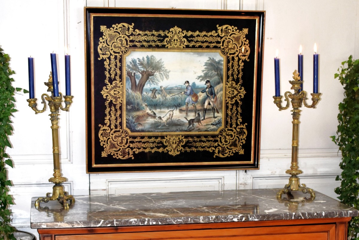 Importante gravure Napoléon III réhaussée en couleur à la main , scène de chasse , XIXe siècle