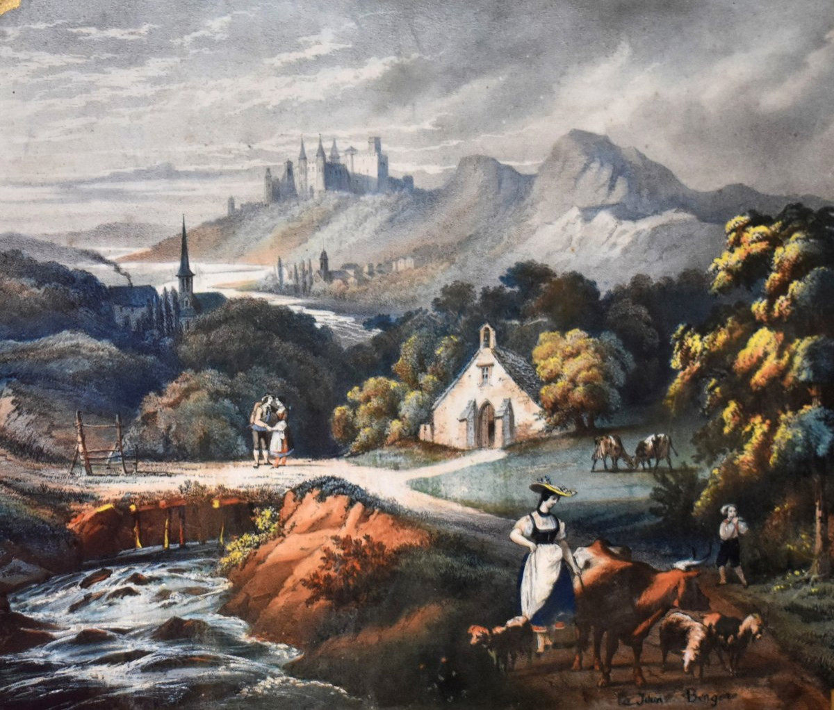 Importante gravure Napoléon III réhaussée en couleur à la main , scène pastorale , XIXe siècle-photo-1