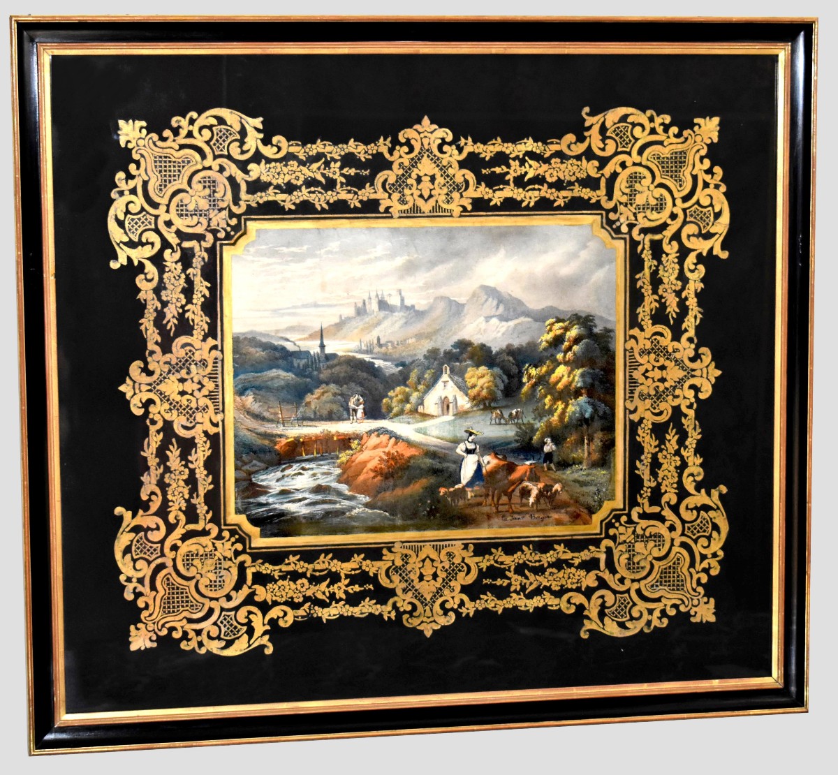 Importante gravure Napoléon III réhaussée en couleur à la main , scène pastorale , XIXe siècle