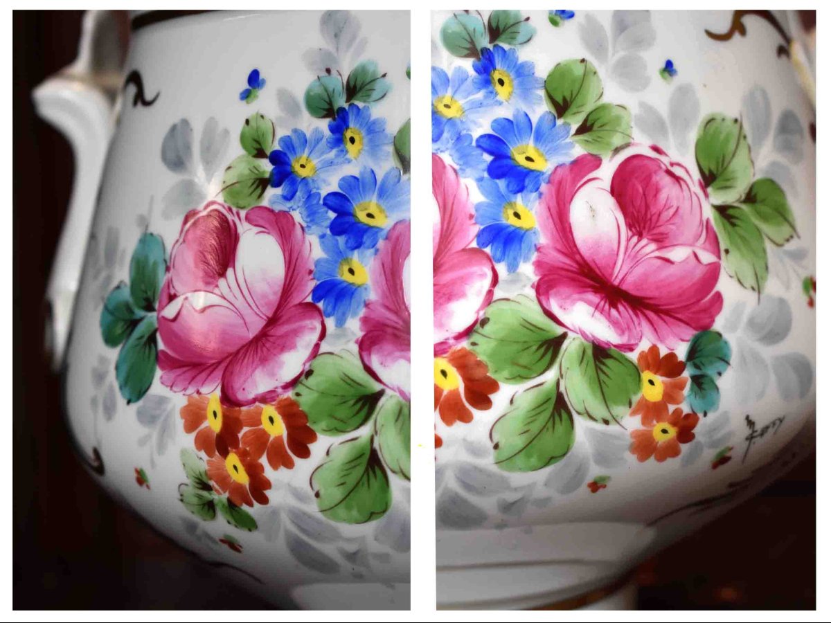 Caffy  vase cache pot, centre de table peint main, coupe  porcelaine de Limoges décor de roses -photo-6