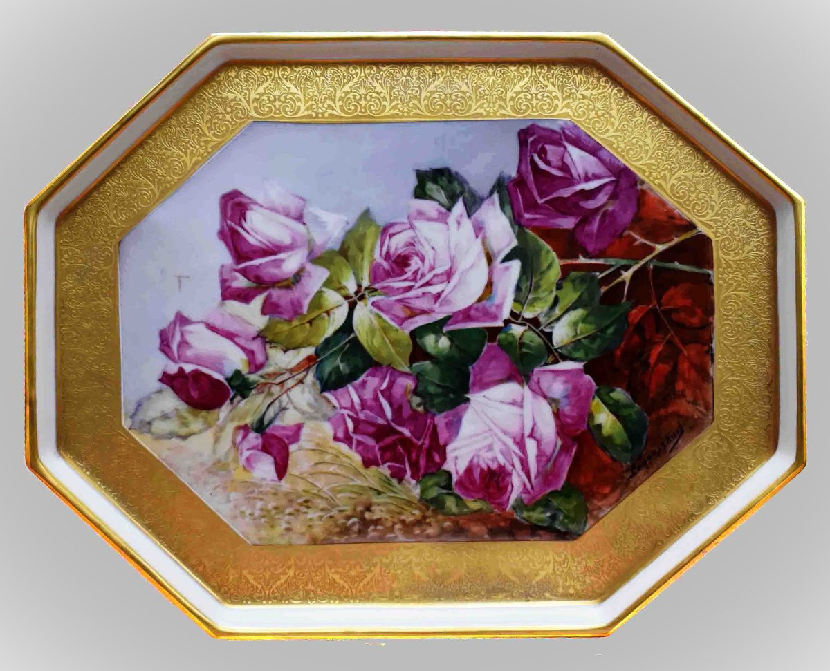 Leroussaud Limoges, Large Decorative Porcelain Dish Hand-painted Decoration, Gold Inlay-photo-2