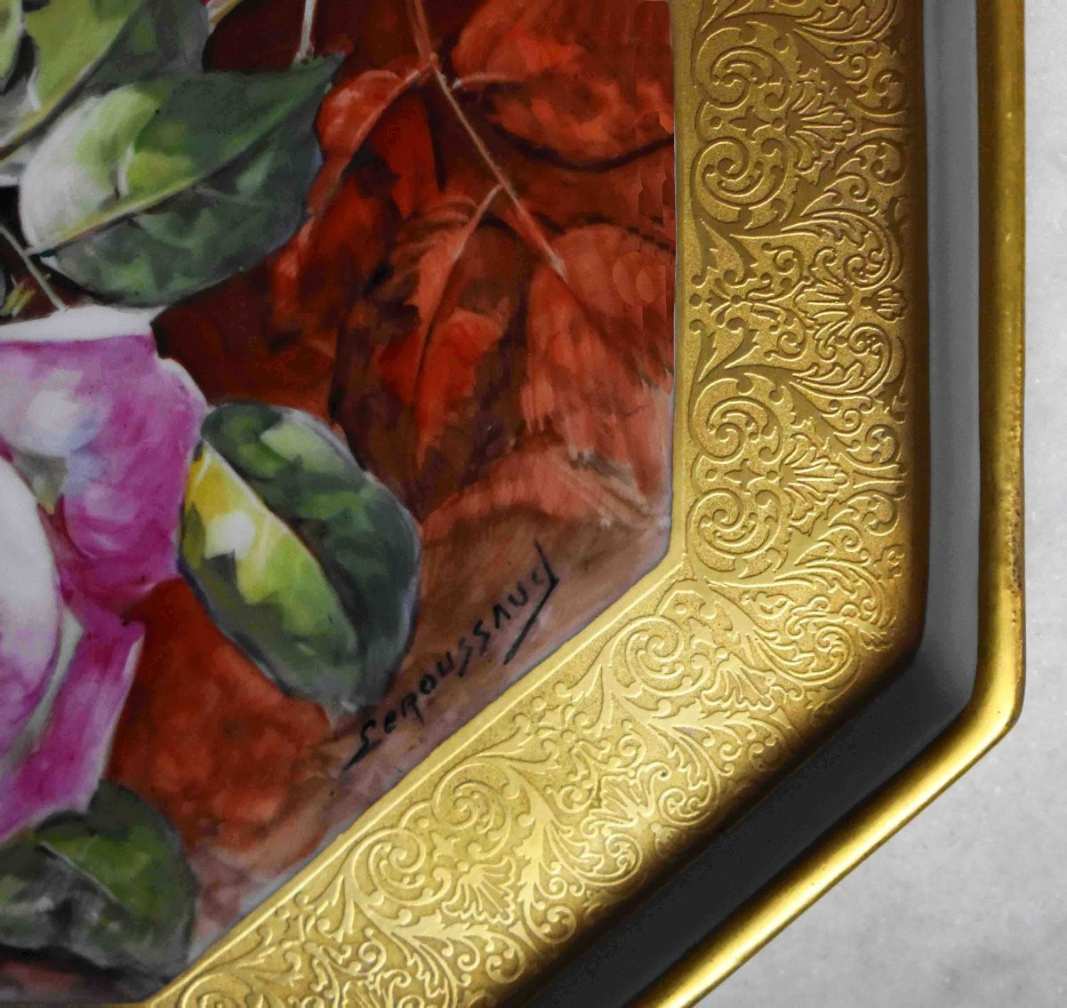 Leroussaud Limoges, Large Decorative Porcelain Dish Hand-painted Decoration, Gold Inlay-photo-2