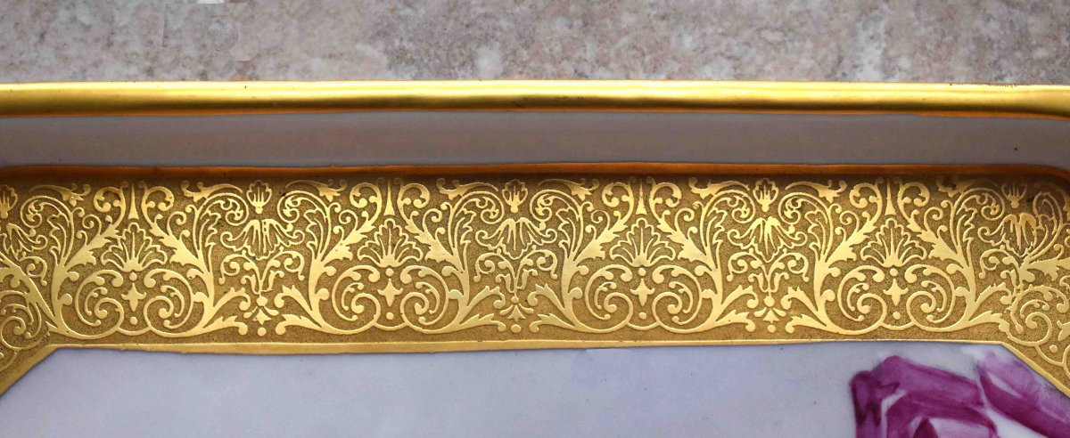Leroussaud Limoges, Large Decorative Porcelain Dish Hand-painted Decoration, Gold Inlay-photo-6
