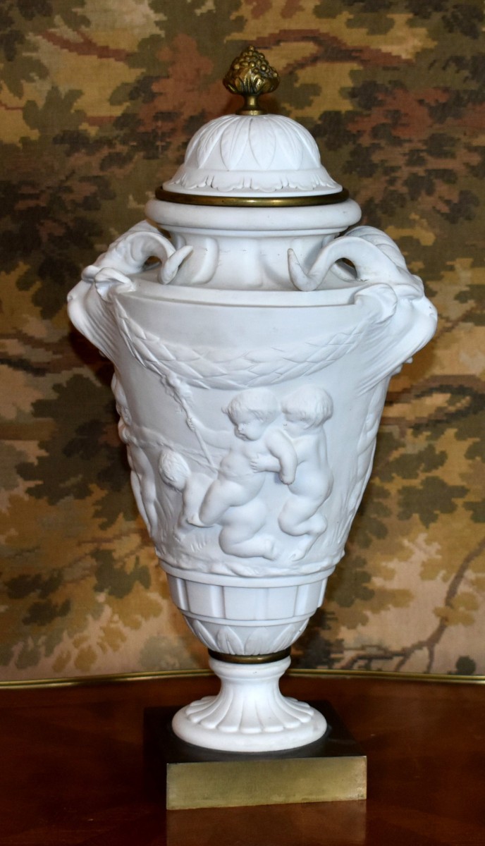 Samson Factory, Porcelain Biscuit Vase-cassolette Based On A Model By Clodion 