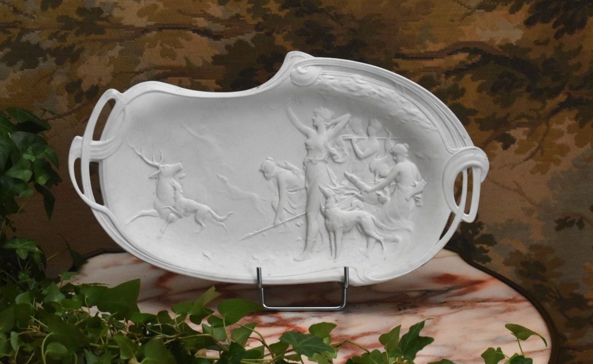 Limoges, White Porcelain Biscuit Dish, Mythological Scene, Diana Hunting Plate-photo-2