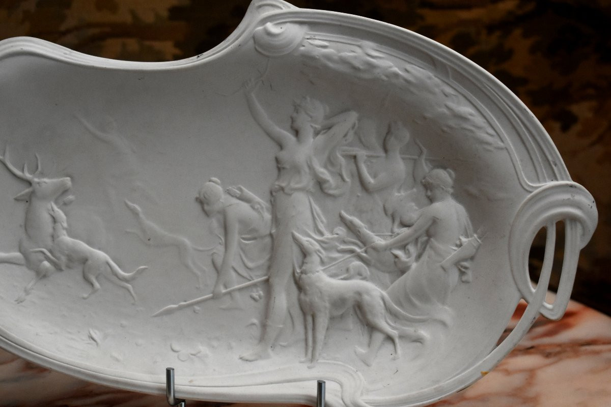 Limoges, White Porcelain Biscuit Dish, Mythological Scene, Diana Hunting Plate-photo-3