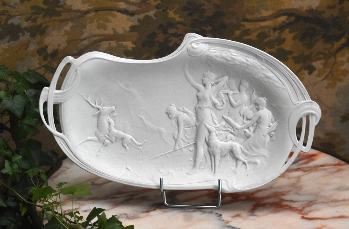 Limoges, White Porcelain Biscuit Dish, Mythological Scene, Diana Hunting Plate